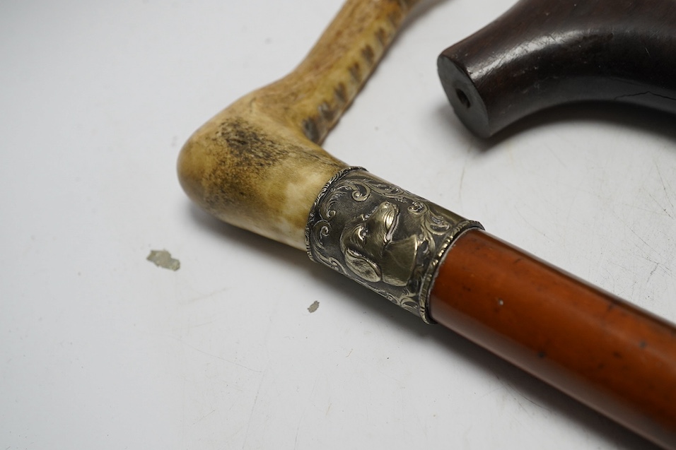 Four mixed silver mounted walking sticks, a riding crop and a baton, longest 88cm. (6). Condition - fair considering use and age
